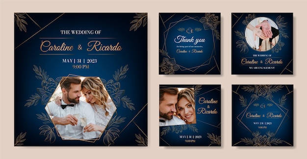 Vector gratuito conjunto de publicaciones de instagram de celebración de bodas degradadas