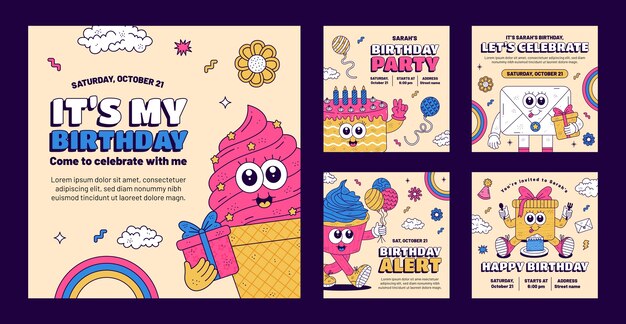 Conjunto de publicaciones de instagram de celebración de cumpleaños dibujadas a mano
