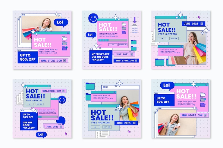 Vector gratuito conjunto de publicaciones de instagram de compras en línea