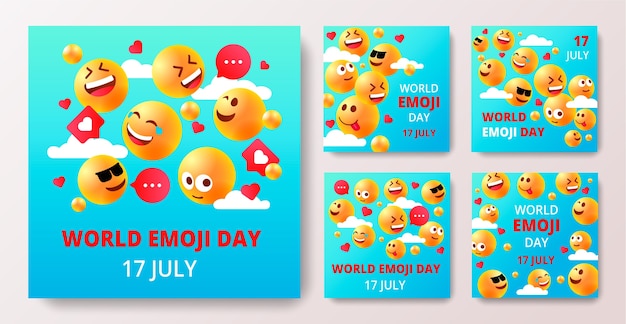 Vector gratuito conjunto de publicaciones de instagram del día mundial del emoji degradado