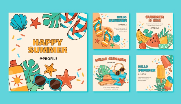 Conjunto de publicaciones de instagram dibujadas a mano de verano