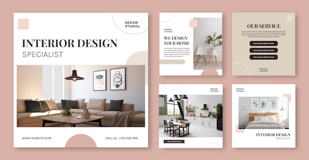 Conjunto de publicaciones de instagram de diseño interior mínimo de diseño plano