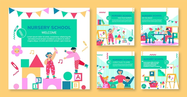 Vector gratuito conjunto de publicaciones de instagram de escuela infantil de diseño plano