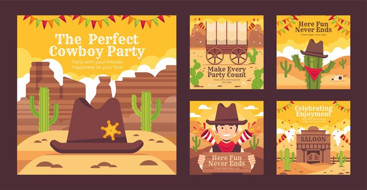 Vector gratuito conjunto de publicaciones de instagram de fiesta vaquera de diseño plano