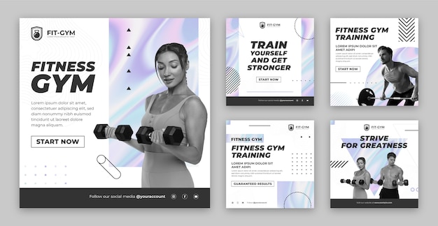 Conjunto de publicaciones de instagram de gimnasio degradado