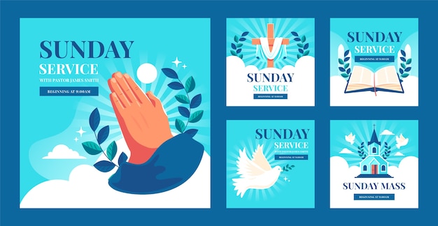 Vector gratuito conjunto de publicaciones de instagram de oración de iglesia dibujadas a mano