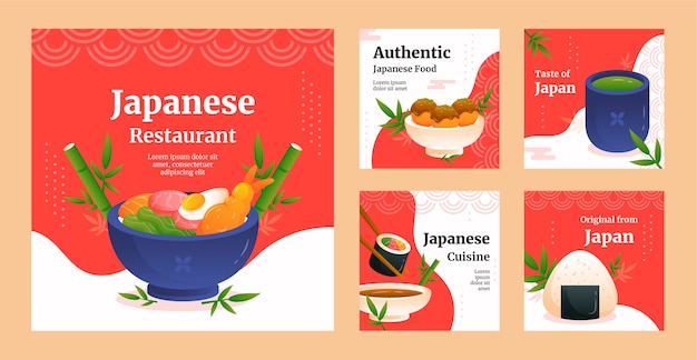Vector gratuito conjunto de publicaciones de instagram de restaurante japonés