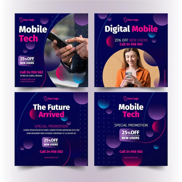 Vector gratuito conjunto de publicaciones de instagram de tecnología móvil