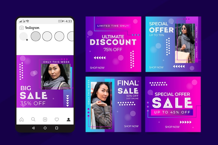 Vector gratuito conjunto de publicaciones de instagram de venta degradado