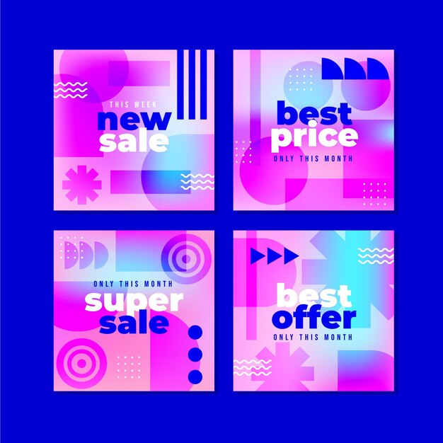 Conjunto de publicaciones de instagram de venta degradado