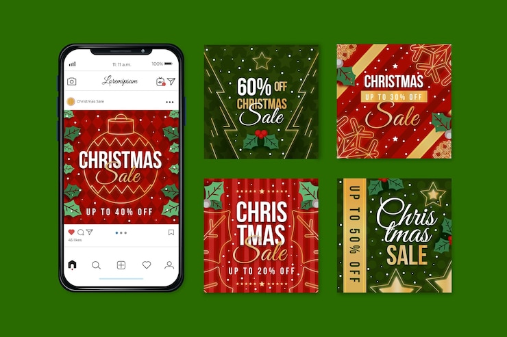 Vector gratuito conjunto de publicaciones de instagram de venta de navidad