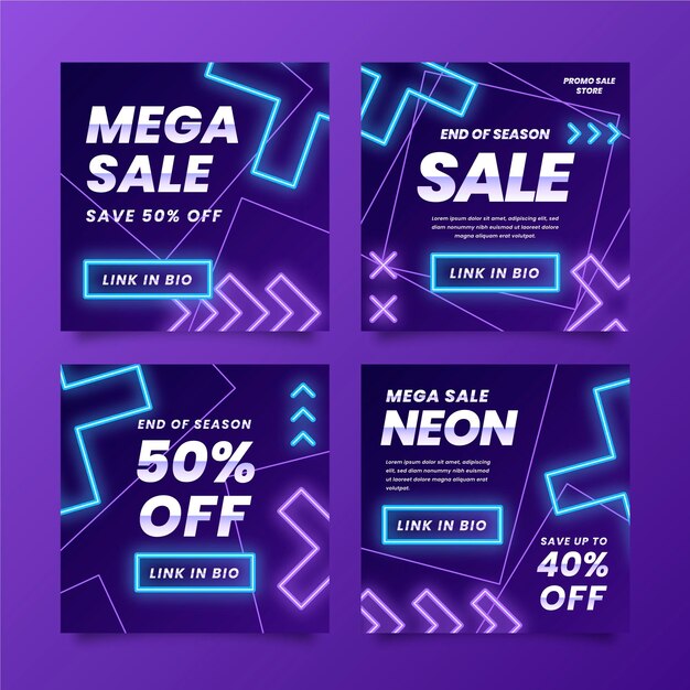 Conjunto de publicaciones de instagram de ventas de neón brillante