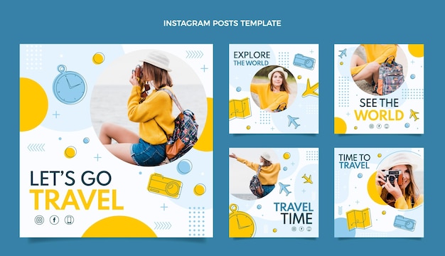 Vector gratuito conjunto de publicaciones de instagram de viajes de diseño plano