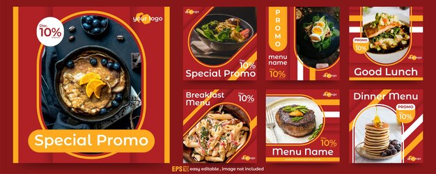 Conjunto de publicaciones en redes sociales para alimentos