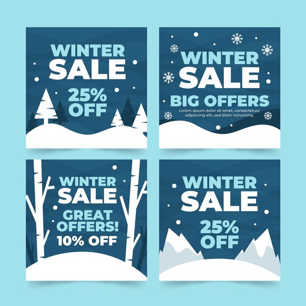 Conjunto de publicaciones de redes sociales de rebajas de invierno