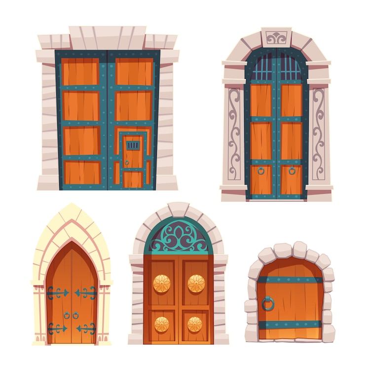 Vector gratuito conjunto de puertas, entradas medievales de madera y piedra.