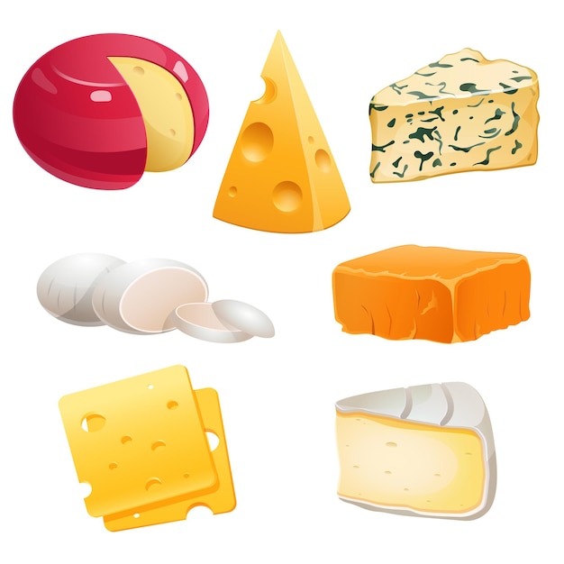 Vector gratuito conjunto de quesos tipos roquefort brie y maasdam