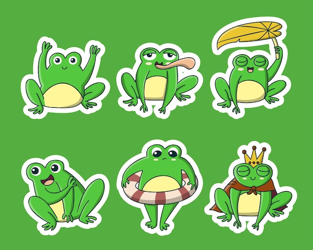 Conjunto de rana divertida con vector de dibujos animados de diferentes emociones