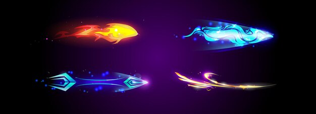 Conjunto de rastros de luz de poder mágico aislados en el fondo Ilustración de dibujos animados vectoriales de fuego llama fría misil congelado fantasía flecha láser ardiendo asteroide espacio cometa efectos de movimiento en colores de neón