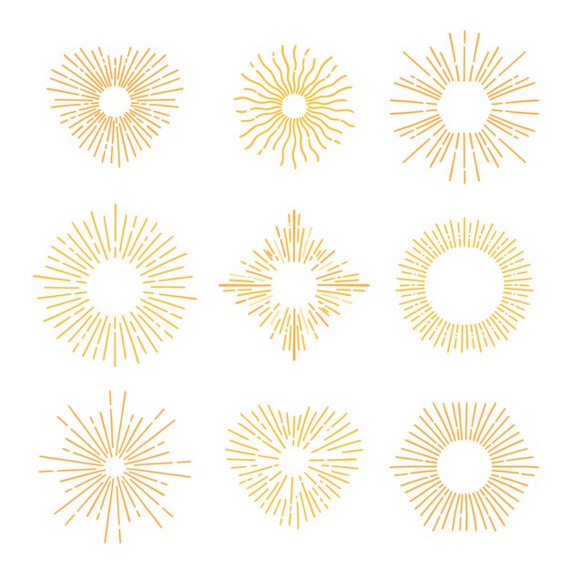 Conjunto de rayos de sol amarillo dibujado a mano