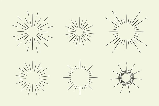 Conjunto de rayos de sol dibujados a mano