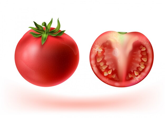 Conjunto realista 3d de tomates rojos. Vegetal entero y medio con semillas.