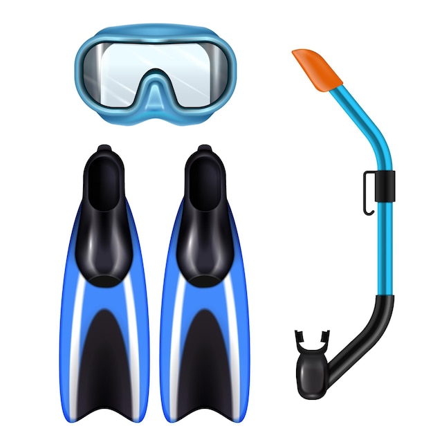 Conjunto realista de accesorios de buceo con máscara de tubo de respiración de snorkel y aletas para el deporte submarino azul