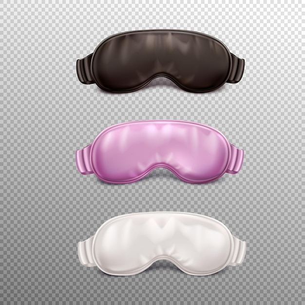 Vector gratuito conjunto realista de accesorios para dormir con tres máscaras de colores aisladas