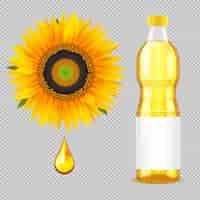 Vector gratuito conjunto realista de aceite de semilla de girasol de flor de naranja de gota de aceite y botella de plástico sobre fondo transparente ilustración vectorial aislada