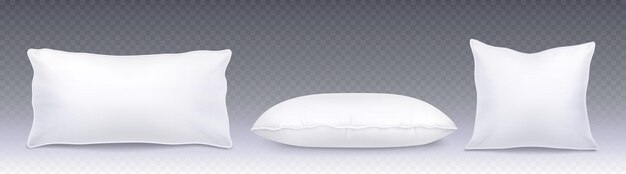 Conjunto realista de almohadas blancas vista superior y lateral aislado sobre fondo transparente Ilustración vectorial de maquetas de cojines cuadrados y rectangulares 3d para el diseño interior del dormitorio sueño saludable