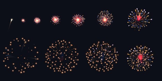 Conjunto realista de animación de fuegos artificiales con símbolos de celebración aislados ilustración