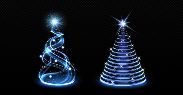 Vector gratuito conjunto realista de árboles de luz navideña en espiral y cono aislados en fondo transparente ilustración vectorial de remolinos de navidad azul neón decorados con estrellas y partículas brillantes decoración navideña