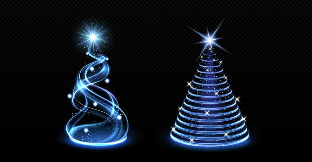 Conjunto realista de árboles de luz navideña en espiral y cono aislados en fondo transparente Ilustración vectorial de remolinos de Navidad azul neón decorados con estrellas y partículas brillantes Decoración navideña