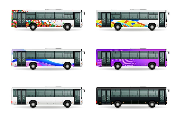 Conjunto realista de autobuses municipales con símbolos de transporte público ilustración vectorial aislada