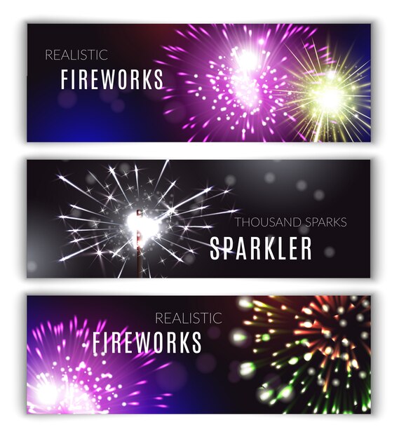 Conjunto realista de banners horizontales de fuegos artificiales con ilustración de vector aislado de bengala