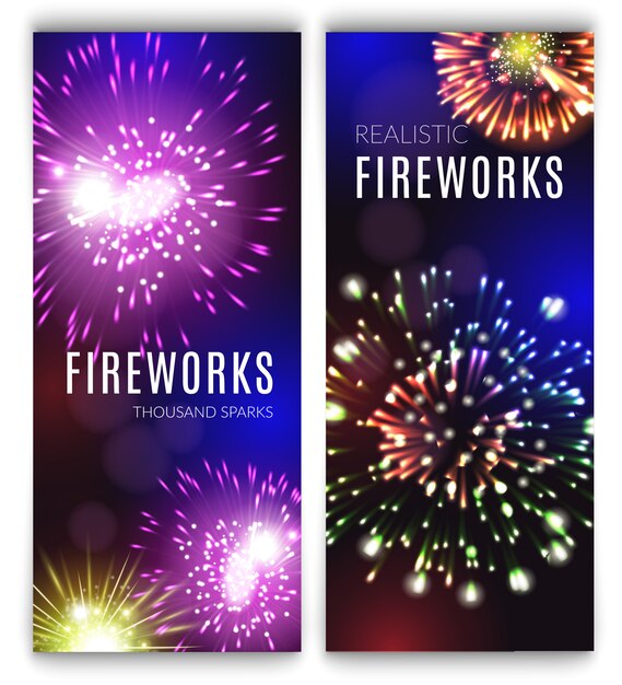 Conjunto realista de banners verticales de fuegos artificiales con ilustración de vector aislado de celebración de vacaciones