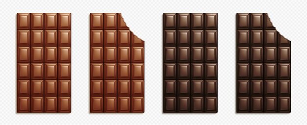 Conjunto realista de barras de chocolate enteras y mordidas.
