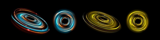 Conjunto realista de bengalas de luz de color neón redondas sobre fondo negro Ilustración vectorial de espirales circulares amarillas y turquesas con partículas brillantes efecto halo vórtice de energía iridiscente
