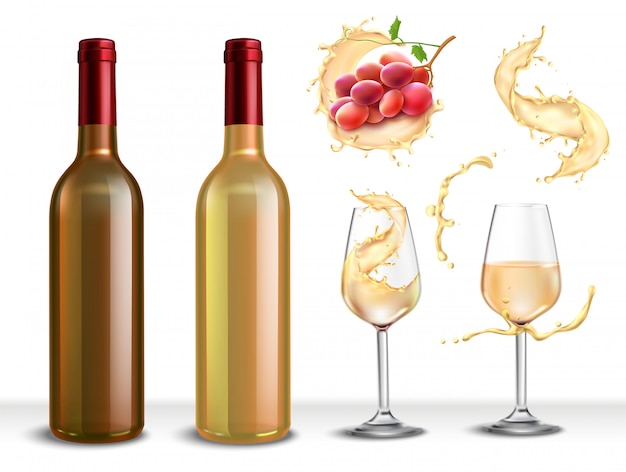 Conjunto realista con botella de vino blanco, dos vasos llenos de bebida y uvas