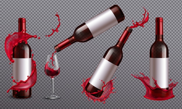 Conjunto realista con botella de vino tinto y vaso lleno de bebida
