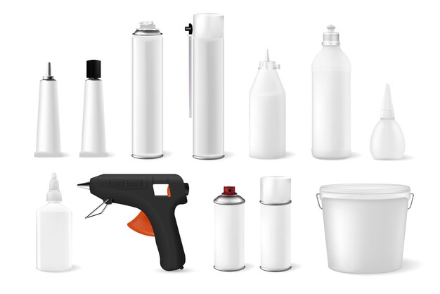 Conjunto realista de botellas y contenedores de pegamento blanco en blanco con ilustración de vector aislado de pistola