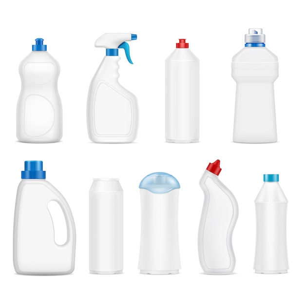 Conjunto realista de botellas de detergente de plástico en blanco con varias tapas aisladas en blanco