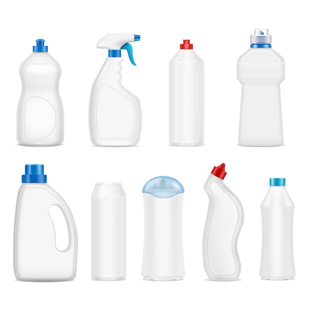 Conjunto realista de botellas de detergente de plástico en blanco con varias tapas aisladas en blanco