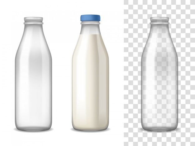 Vector gratuito conjunto realista de botellas de vidrio de leche