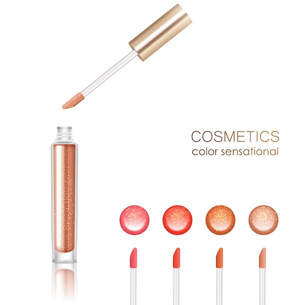 Conjunto realista de brillo de labios con símbolos cosméticos aislados ilustración vectorial