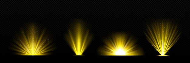 Conjunto realista de brillo de luz dorada aislado sobre fondo transparente Ilustración vectorial de destello amarillo con partículas de brillo brillante Explosión de energía mágica efecto bokeh rayos de sol