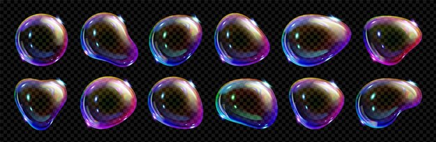Conjunto realista de burbujas de jabón aisladas en fondo transparente Ilustración vectorial de bolas de agua iridiscentes con superficie de color arco iris brillante símbolo de libertad y diversión infantil