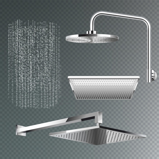 Conjunto realista de cabezales de ducha modernos de diferentes formas en la ilustración de vector de fondo transparente