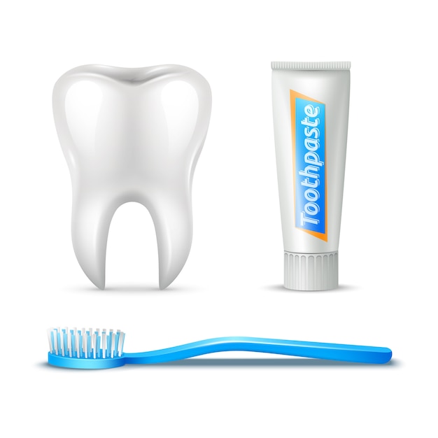 Conjunto realista de cepillo de dientes y pasta de dientes humanos