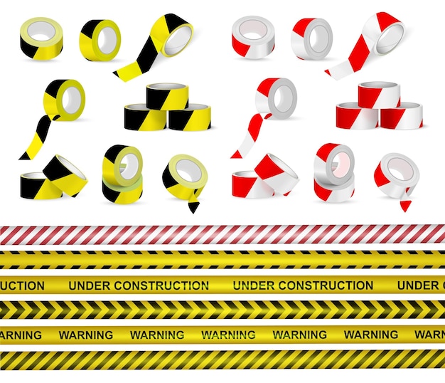 Conjunto realista de cinta de señal de cintas de advertencia de rayas adhesivas y rollos ilustración vectorial aislada